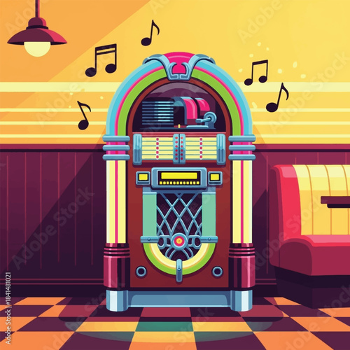 Photos A vibrant retro jukebox playing music in a classic diner setting with a checkered floor and red booth