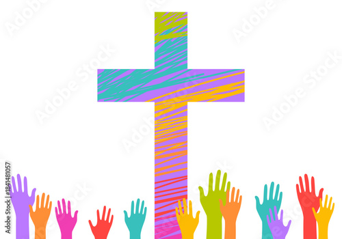  Christian background. Hands with catholic cross