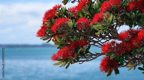 Pohutukawa tree with vibrant red blossoms by the ocean in New Zealand  