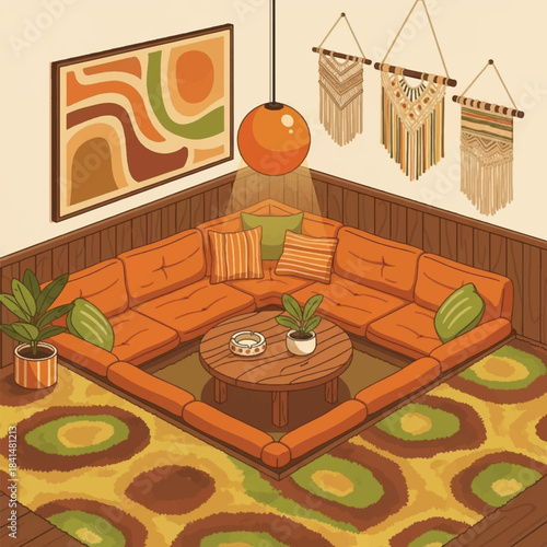 A cozy retro 1970s living room with an orange sunken conversation pit, abstract art, and macrame decor.