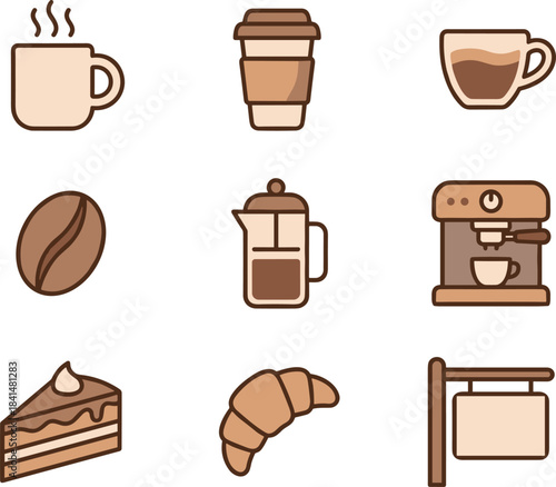 A collection of cafe environtment related icons including cups, beans, brewing equipment, and cafe treats.