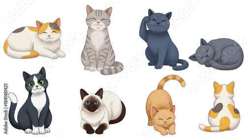 Cute cartoon cat vector illustration set. Funny kitten characters collection in different poses isolated on white background.