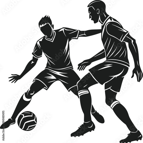 A dynamic silhouette illustration showing two soccer players competing for possession of the ball on the field
