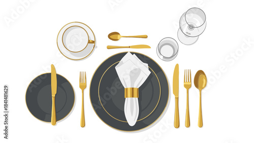 Elegant table setting with gold cutlery and white napkin on dark green plates