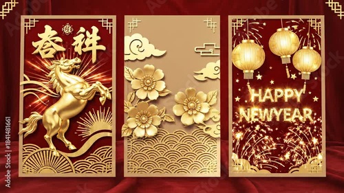 Golden chinese new year greeting cards with festive illustrations
