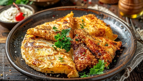 Crispy Golden Potato Pancakes Served with Herbs on Rustic Plate