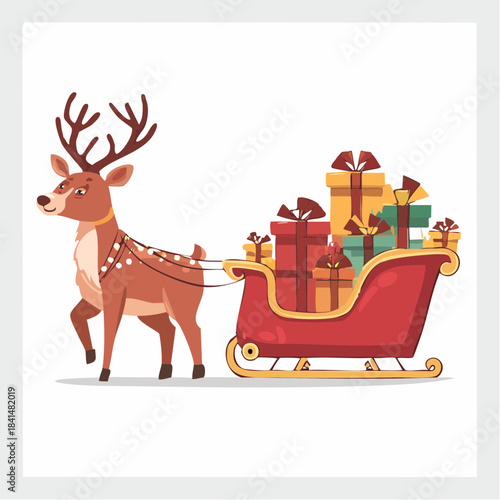 Cheerful cartoon reindeer pulling a bright red sleigh overflowing with colorful wrapped holiday presents