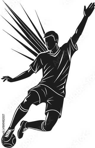 A dynamic black and white illustration depicting a soccer player in mid-air action with the ball