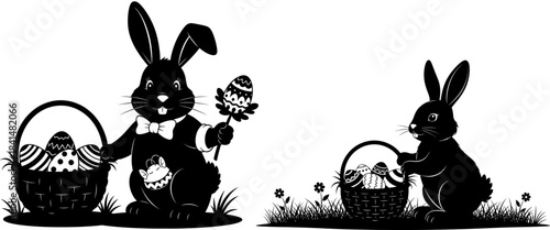 Black Silhouette Easter Bunny Duo with Egg Baskets Vector