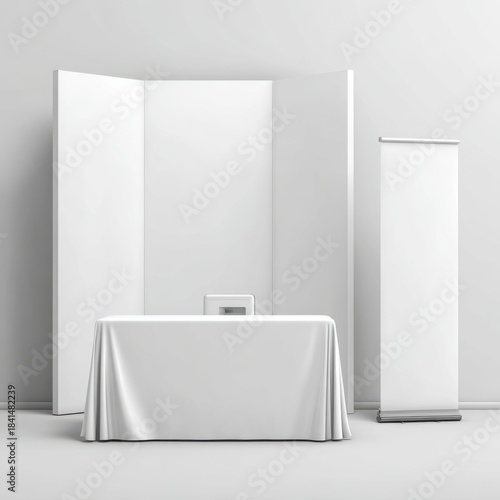 Wallpaper Mural Blank exhibition display booth with draped table and roll up banner stand Torontodigital.ca