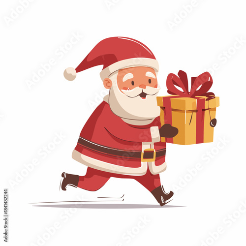 Cheerful cartoon Santa Claus running quickly while carrying a large wrapped golden Christmas present