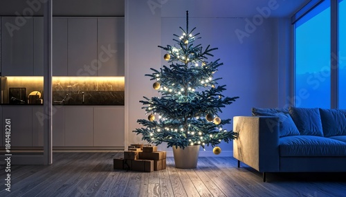 Elegant Modern Living Room with Illuminated Christmas Tree and Cozy Holiday Atmosphere
