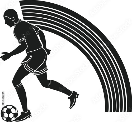 Dynamic black silhouette of a soccer player kicking a football against a stylized curved background