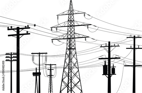 Electric power transmission illustration featuring high-voltage towers, utility poles, distribution lines, and complex wiring network for engineering, industrial, 