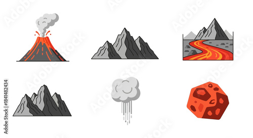 Cartoon Volcanic Eruption with Smoke, Gray Mountains, Lava Flow, and Red Asteroid.