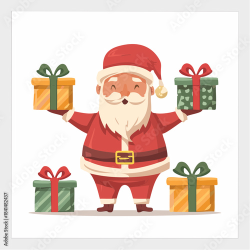 Cheerful cartoon santa claus character holding up holiday gift boxes surrounded by presents for christmas