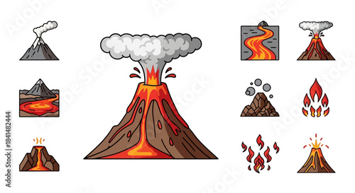 Cartoon Volcano Erupting with Smoke and Lava, Detailed Illustration Style.