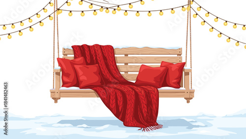Cozy wooden swing with red pillows and blanket on a snowy day with string lights