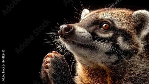 Close-up of a coati with a brown and gray fur coat. The animal has a pointed snout and bright eyes, appearing curious and alert against a dark background.