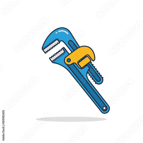 Cartoon-style Blue Pipe Wrench with Yellow Adjustment Mechanism, Angled View.