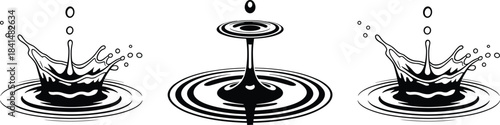 Water splash illustration set featuring dynamic droplets, ripple patterns, crown formations, and fluid motion effects, ideal for design projects, scientific visuals, and creative artwork concepts