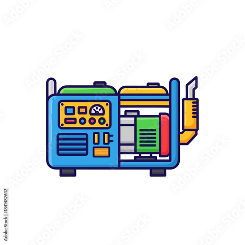 Cartoon-style Portable Generator with Blue Frame, Green and Yellow Fuel Tanks, and Red Engine.