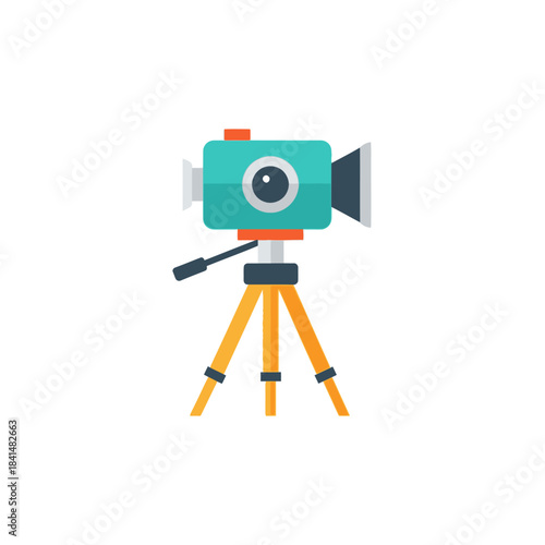 Cartoon-style teal camera on a yellow tripod with orange accents.