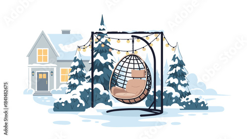 A pink hanging egg chair with a black frame and string lights in a snowy winter scene with a house and trees