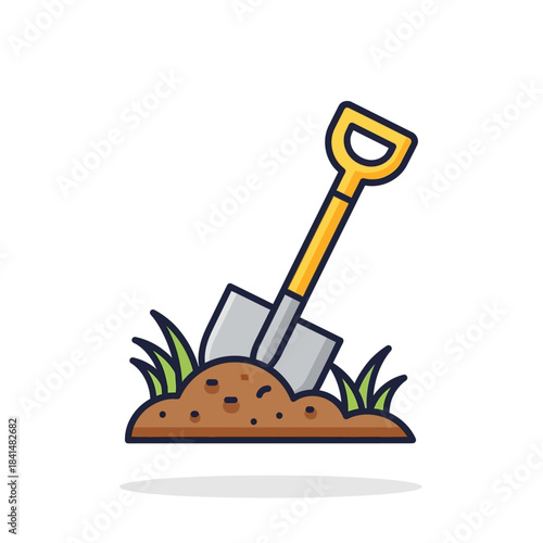Cartoon-style shovel with yellow handle stuck in brown soil with green grass.