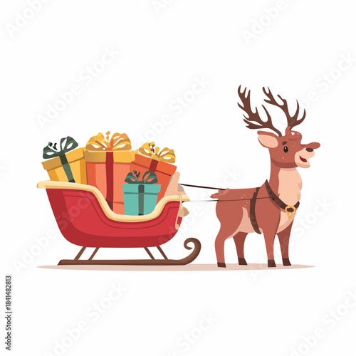 Christmas Reindeer Pulling Sleigh Full of Gifts Holiday Season Concept.