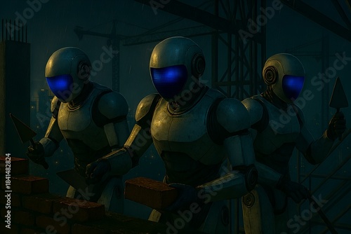 Nighttime photo of three humanoid robots bricklaying at a rainy construction site, holding bricks and trowels, with steel structures and cranes in the background, showcasing automation in harsh