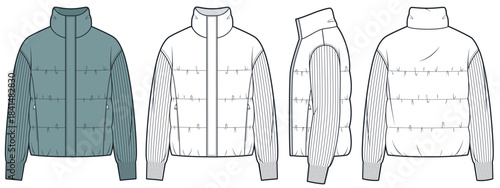 Puffer Jacket with Knit Sleeves Technical Fashion Illustration. Puffer Jacket fashion flat technical drawing template, pockets, front, side and back view, white, green, women, men, unisex CAD mockup.