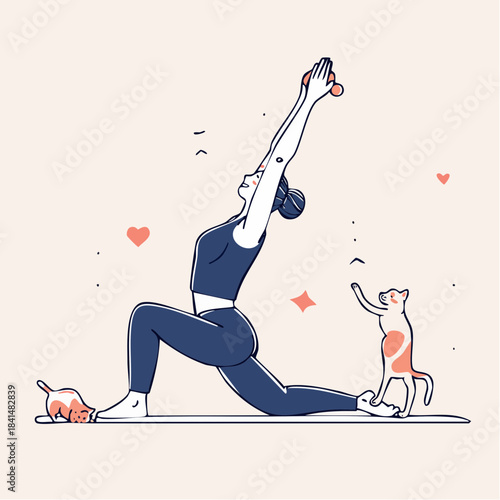 Woman Practicing Yoga Warrior Pose with Cats Healthy Lifestyle Exercise.