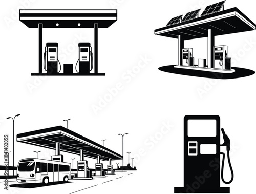 Gas station illustration set featuring fuel pumps, solar canopy options, transportation elements, and roadside service designs ideal for energy, automotive, commercial, and infrastructure projects