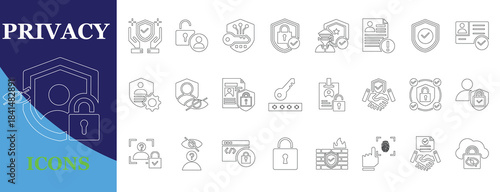 Privacy and Security Editable Vector Line Icons Set in Outline Style for Web Design, App UI, Data Protection, Cyber Safety and GDPR Projects