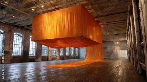 Orange fabric sculpture hangs in large, bright, industrial-style room