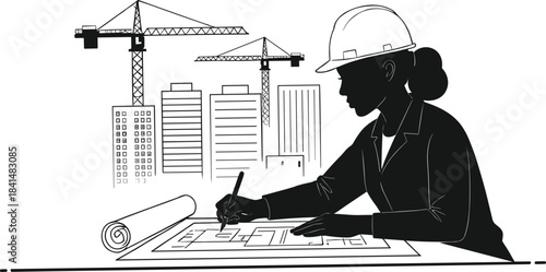 Architect engineer wearing hard hat drafting blueprint at table, urban construction site background with cranes and buildings, professional planning design illustration