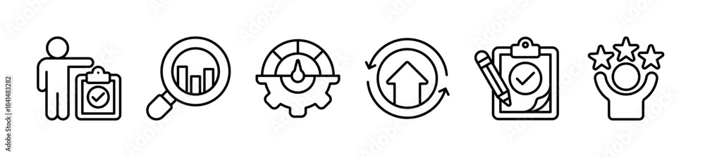 Obraz premium Evaluation banner concept. Assessment, analysis, performance, improvement, results and feedback vector illustration concept.