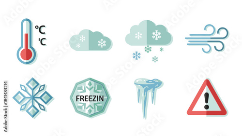 Graphic illustration set of winter weather icons including temperature gauge, snowflakes, freezing warning signs on a plain white background with a cold and alert mood.