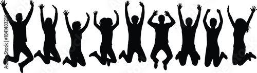 PrintGroup silhouette jumping, celebration pose, energetic people, black figures, white background, unity, excitement, dynamic movement, joy, achievement, expressive action, teamwork
