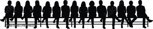 Group bench silhouette, seated people in row, diverse human figures, black vector icons, social gathering illustration, lifestyle concept