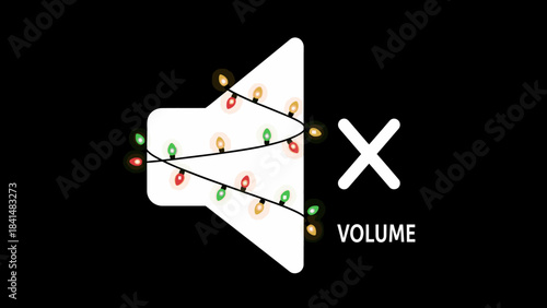 A white speaker icon with Christmas lights crossed out by a large X and the word VOLUME on a black background, symbolizing a Happy New Year 2026 Christmas Dat.