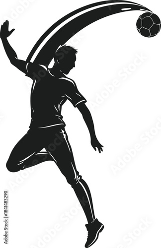 Dynamic black silhouette illustration of a male soccer player kicking a ball