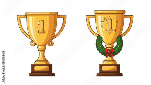 Two golden trophies with numbers on a white background, one adorned with a green wreath and red ribbon for Christmas or Happy New Year 2026 celebrations.