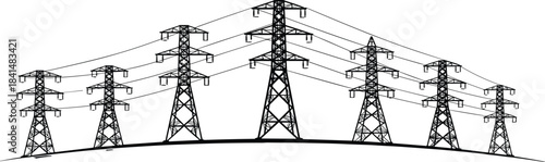 PrintHigh voltage transmission towers, electricity pylons, power lines, infrastructure silhouette, lattice structure, energy grid, black illustration, engineering, rural landscape, utility