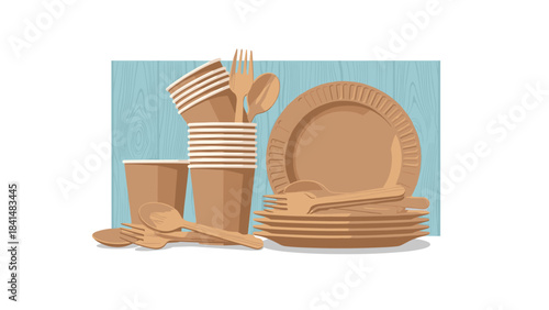 Brown paper disposable tableware set on turquoise background including plates, cups, and utensils for eco friendly events
