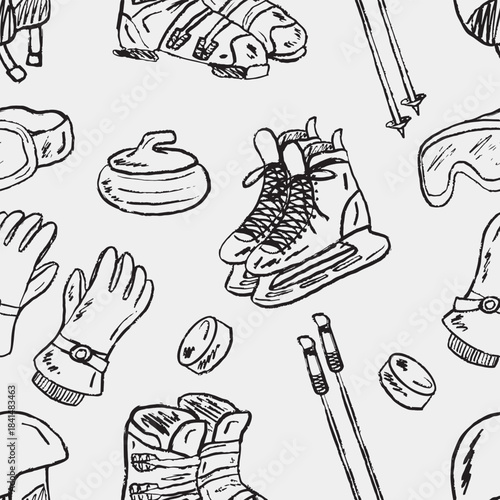 Hand drawn winter sports seamless pattern with ice skates, ski boots, poles, gloves, curling stone, hockey pucks, helmet, and goggles. Vector sketch illustration in vintage crayon charcoal style