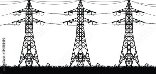 PrintHigh voltage transmission towers, power lines, electrical infrastructure, lattice pylons, black silhouette, grassy terrain, white background, energy grid, utility network