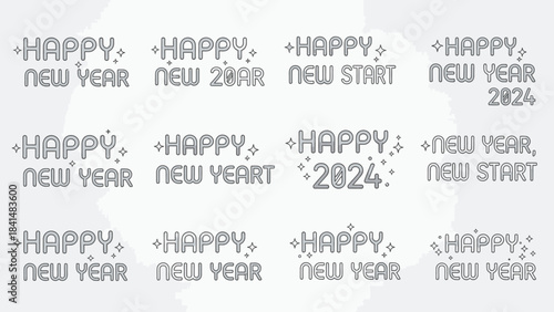 A flat lay of Happy New Year 2026 and Christmas Dat text stamps on a white background with a celebratory feel and modern typography.