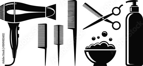 Professional hairdressing tools silhouette set featuring combs, scissors, hairdryer, shampoo bottle, and styling bowl, ideal for salon branding and beauty design projects